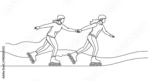 Line drawing illustration of two women rollerblading holding hands on white background