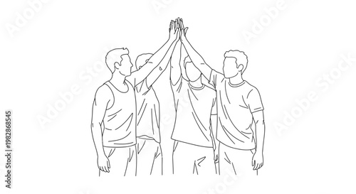 Line drawing of a group of men giving a high five on white background