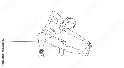 Line drawing of a woman stretching her leg on a bench on white background