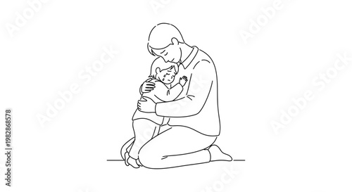 Father hugging child tenderly line art illustration