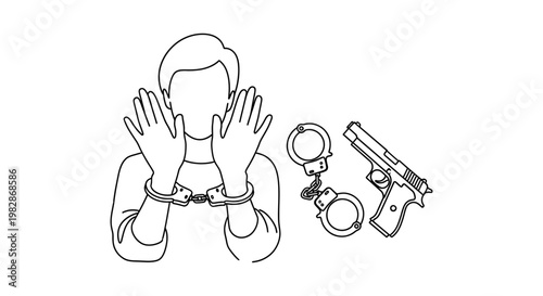 Criminal arrested with handcuffs gun and raised hands illustration