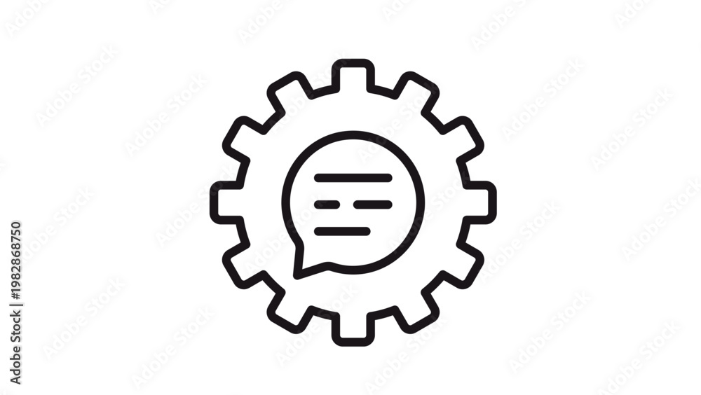 © TaslimaAkther - Minimalist black line vector icon of a gear cogwheel containing a speech bubble with text lines, representing technical support, customer service chat, automated messaging, or communication settings.