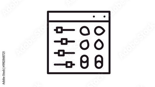 Black vector icon of a software settings window with adjustment sliders, radio buttons, and toggle switches, representing configuration, customization, and user interface design concepts.