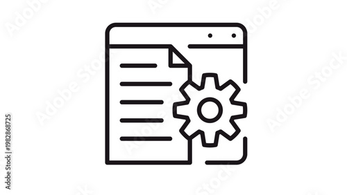 Black vector icon illustration of a web browser window with a document and a gear cogwheel, representing software configuration, technical settings, file management, and system optimization.