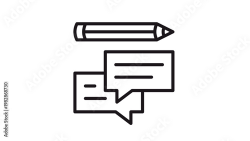 Minimalist black line vector icon of a pencil and speech bubbles representing creative writing, blogging, content creation, copywriting, and collaborative communication on a white background.