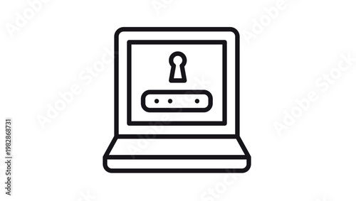 Black line art vector icon of a laptop computer with a keyhole and password input field on the screen, symbolizing digital security, cyber protection, data privacy, and secure login access.