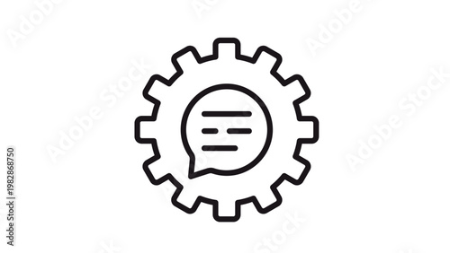 Minimalist black line vector icon of a gear cogwheel containing a speech bubble with text lines, representing technical support, customer service chat, automated messaging, or communication settings.