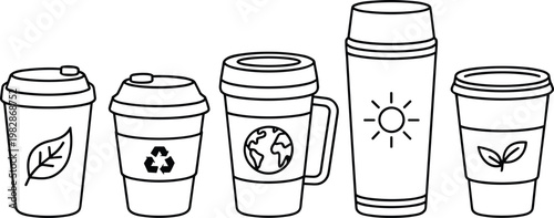 Collection of eco friendly reusable coffee cups with various sustainability related icons
