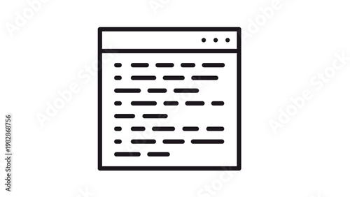 Minimalist black vector icon illustration of a browser window or code editor with lines of programming script, representing web development, software engineering, and digital technology.