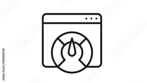 Website Performance and Page Speed Optimization Vector Icon Illustration. Black Minimalist Symbol of a Browser Window with a Speedometer Gauge for SEO, Fast Loading, and Internet Speed.