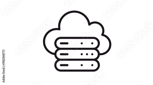 Cloud Computing and Data Storage Vector Icon Illustration. Minimalist Black Line Art Representing Network Servers, Database Management, and Online Hosting Services on a White Background.