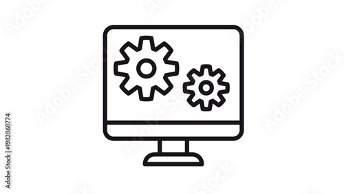 Minimalist black line vector icon of a computer monitor with two interlocking gears on the screen, representing software configuration, technical settings, digital processing, and automation.