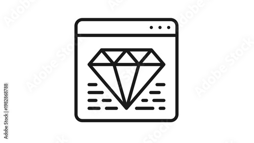 Black line art vector icon of a web browser window featuring a large diamond gemstone symbol and abstract text lines, representing premium web content, high-quality website design, or luxury services.