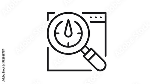 Black vector icon illustration of a magnifying glass over a speedometer gauge on a web browser window, representing website performance analysis, SEO audit, speed test, and data monitoring.