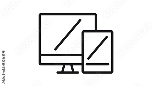 Minimalist black vector icon illustration of a computer monitor and a tablet device, representing responsive web design, multi-platform technology, and digital display screens isolated on white.