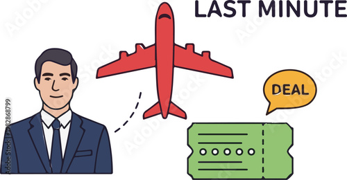 Professional businessman considering a red airplane and a green ticket representing a last minute travel flight deal