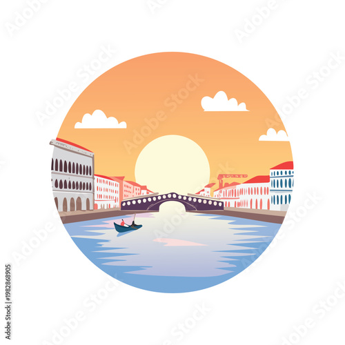 Sunset over a canal bridge scene with buildings and a gondola illustration
