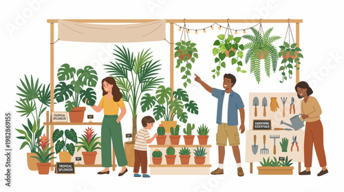 Illustration of a family visiting a plant nursery expo, exploring various plants and gardening tools at the Nusahorti 2026 agriculture festival in Indonesia.