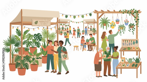 Illustration of people attending the Nusahorti Expo, an Indonesia agriculture festival and horticulture exhibition with plant nursery and gardening tools on display.