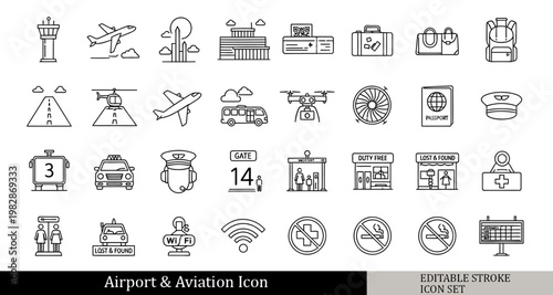 black and white airport aviation icon set, airplane takeoff, airport terminal, boarding pass, luggage baggage icons, outline vector icons, isolated on white background, simple line .Editable stroke.