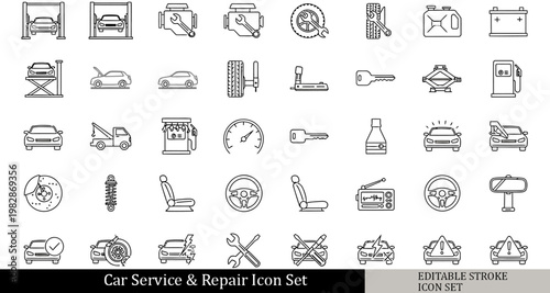 black and white car service repair icon set, car maintenance, wrench car, engine repair, tire change icons, outline vector icons, isolated on white background, simple line style, 30 .Editable stroke.