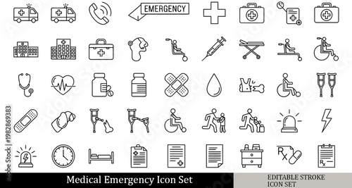 black and white medical emergency icon set, ambulance vehicle, emergency call, medical cross, first aid kit icons, outline vector icons, isolated on white background, simple line.Editable stroke.