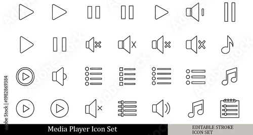 black and white media player icon set, play button, pause symbol, volume speaker, playlist icons, outline vector icons, isolated on white background, simple line style, 30 icons pack.Editable stroke.