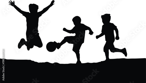 Silhouettes of children playing soccer and basketball outdoors, team sports concept