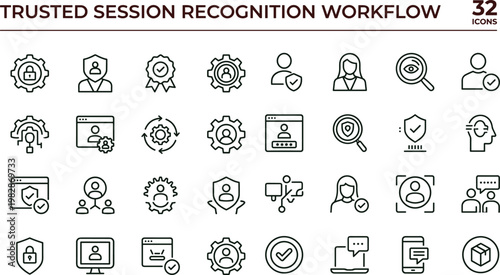 Trusted session recognition workflow outline icon set identity session assurance continuous authentication device trust access verification vector icons