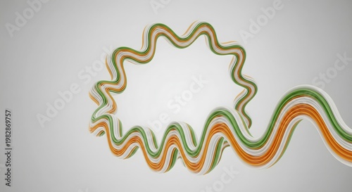 Abstract 3D wavy ribbon in orange white and green colors against a neutral gray background