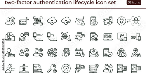 Two factor authentication lifecycle outline icon set OTP verification QR login trusted device pairing identity security workflow vector symbols