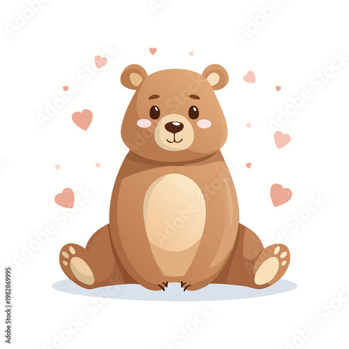 Cartoon bear with pink hearts isolated on white background