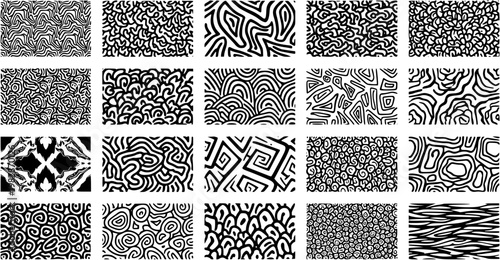 Abstract Black and White Line Art Patterns Collection for Graphic Design and Textile Industry. Diverse Hand-Drawn Style Seamless Vector Textures and Backgrounds.