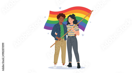 LGBTQ couple with rainbow flag.