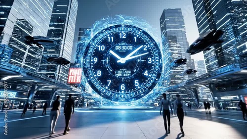 A futuristic cityscape with a large blue clock in the center surrounded by sleek skyscrapers and busy pedestrians