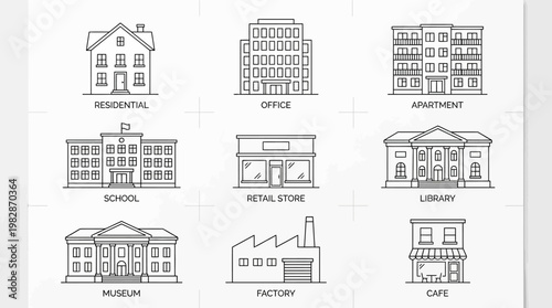 Various types of buildings.