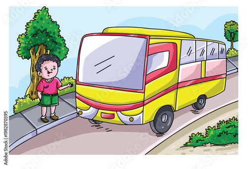 Cute cartoon hand drawn vector boy waiting school bus clipart.