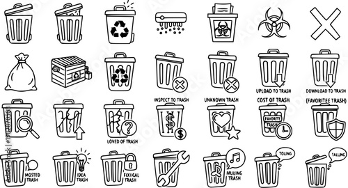Black and White Line Art Icon Set: Waste Management, Recycling, and Digital Deletion Concepts Featuring Trash Cans and Waste Bins