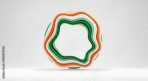 Abstract 3D wavy sculpture with green, white, and orange layers on a white background.
