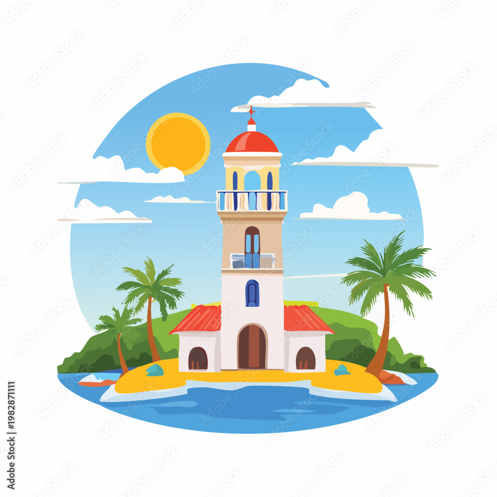Obraz premium Coastal lighthouse on island with palm trees and sunlight illustration