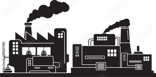 Industrial Factory Buildings with Smoking Chimneys Silhouette Vector