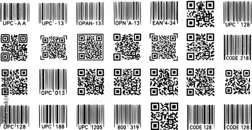 Diverse Collection of Barcodes and QR Codes in Black and White Line Art for Technology and Retail