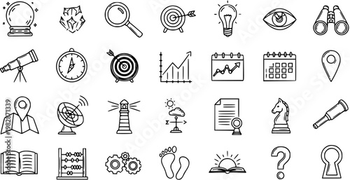 Business and Strategy Concept Icons Set: Hand-Drawn Black and White Line Art for Discovery, Planning, Vision, and Education Symbols