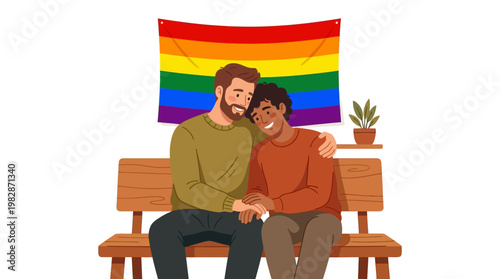 LGBTQ couple sitting on bench.