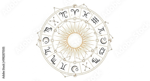 Astrology Zodiac Wheel with Symbols and Sun.