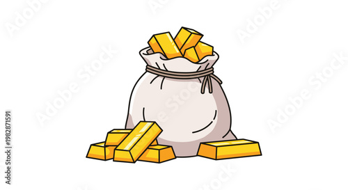 A large white fabric sack overflowing with gleaming gold bars sits prominently amidst a pile of additional bullion on a stark white background surface.