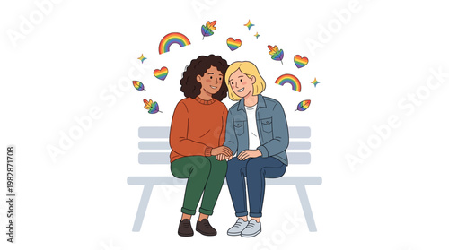 Two Women Sitting on Bench.