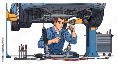 Automobile mechanic working on car suspension system.