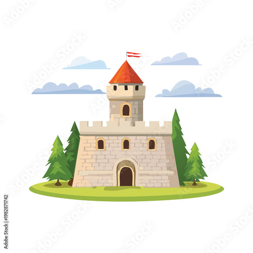 Cartoon castle illustration on a green island with trees and clouds
