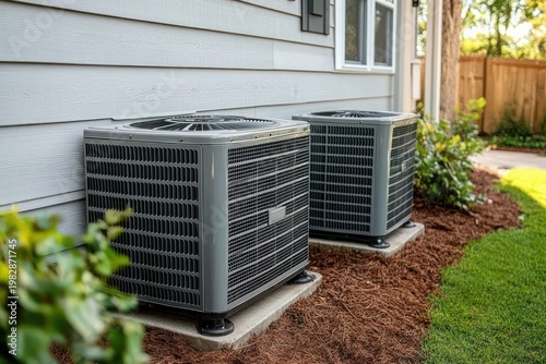 Two outdoor air conditioning condenser units on concrete pads beside a tidy house with mulch bed, green lawn, and shrubs, evoking well-maintained residential cooling
